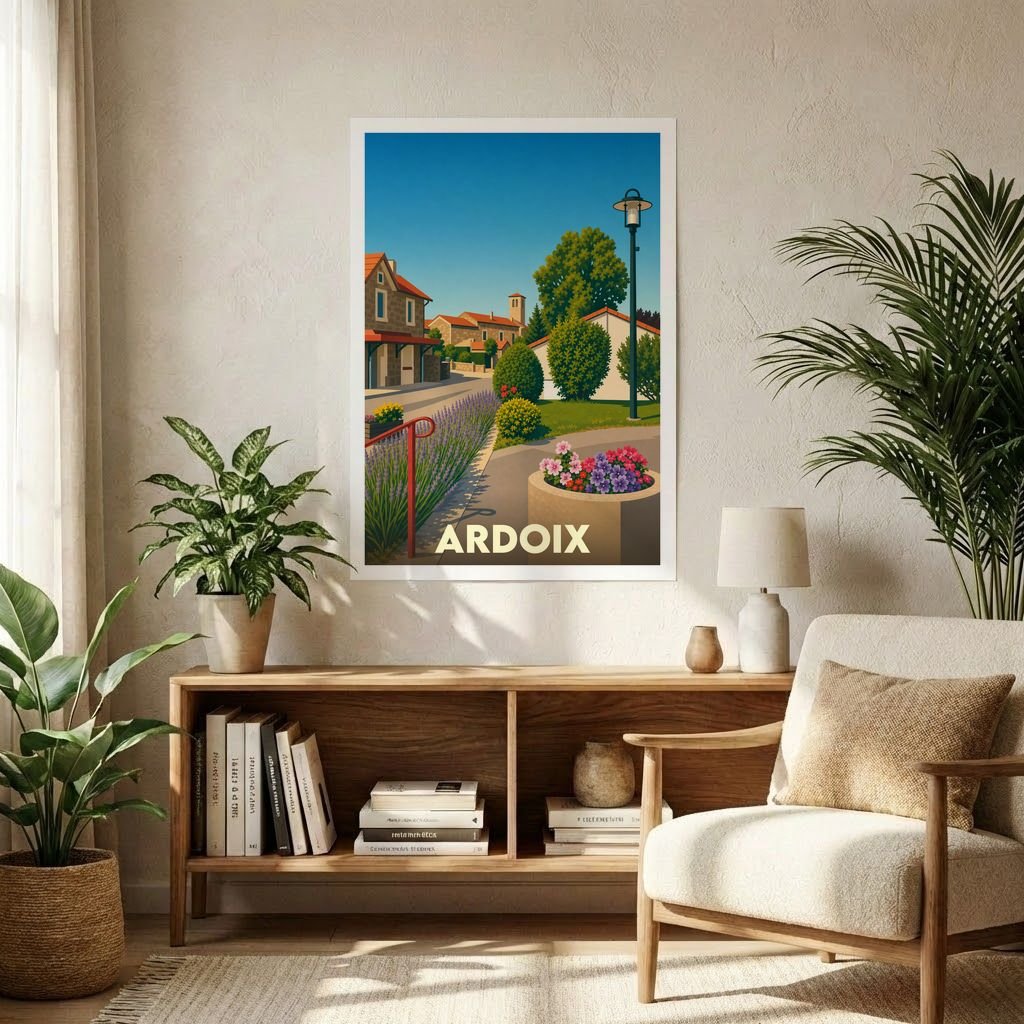 Affiche souvenir de la ville d'Ardoix illustrant un paysage de village ensoleillé avec des fleurs.