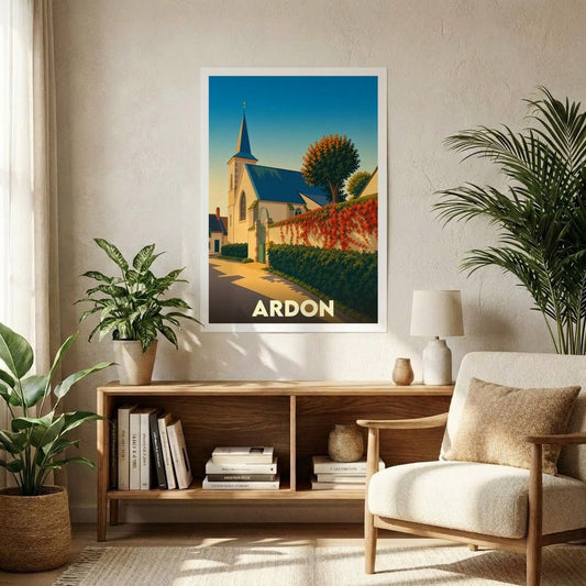 Affiche souvenir de la ville de Ardon illustrant une église et un paysage ensoleillé dans un style rétro.