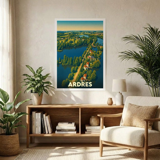 Affiche souvenir de la ville d'Ardres avec une illustration stylisée d'un paysage verdoyant et de ses lacs.