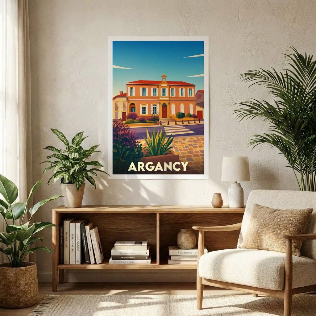 Affiche souvenir de la ville d'Argancy présentant une illustration stylisée et colorée de son architecture locale.
