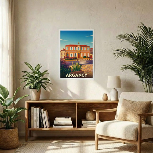 Affiche souvenir de la ville d'Argancy avec une illustration stylisée d'un bâtiment emblématique.