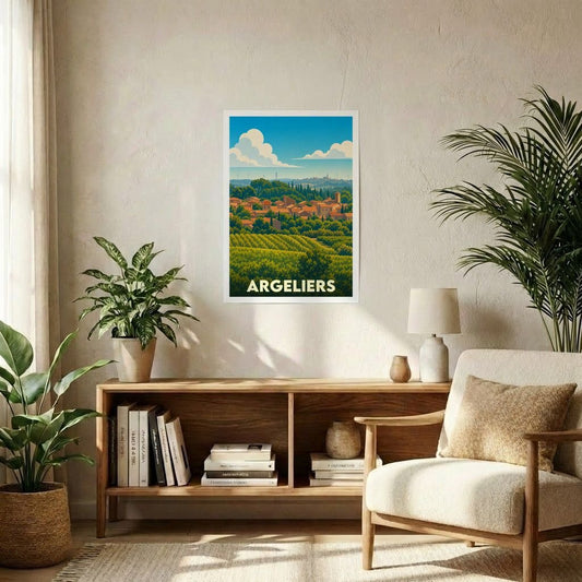 Affiche souvenir de la ville d'Argeliers avec une illustration stylisée d'un paysage de vignobles.