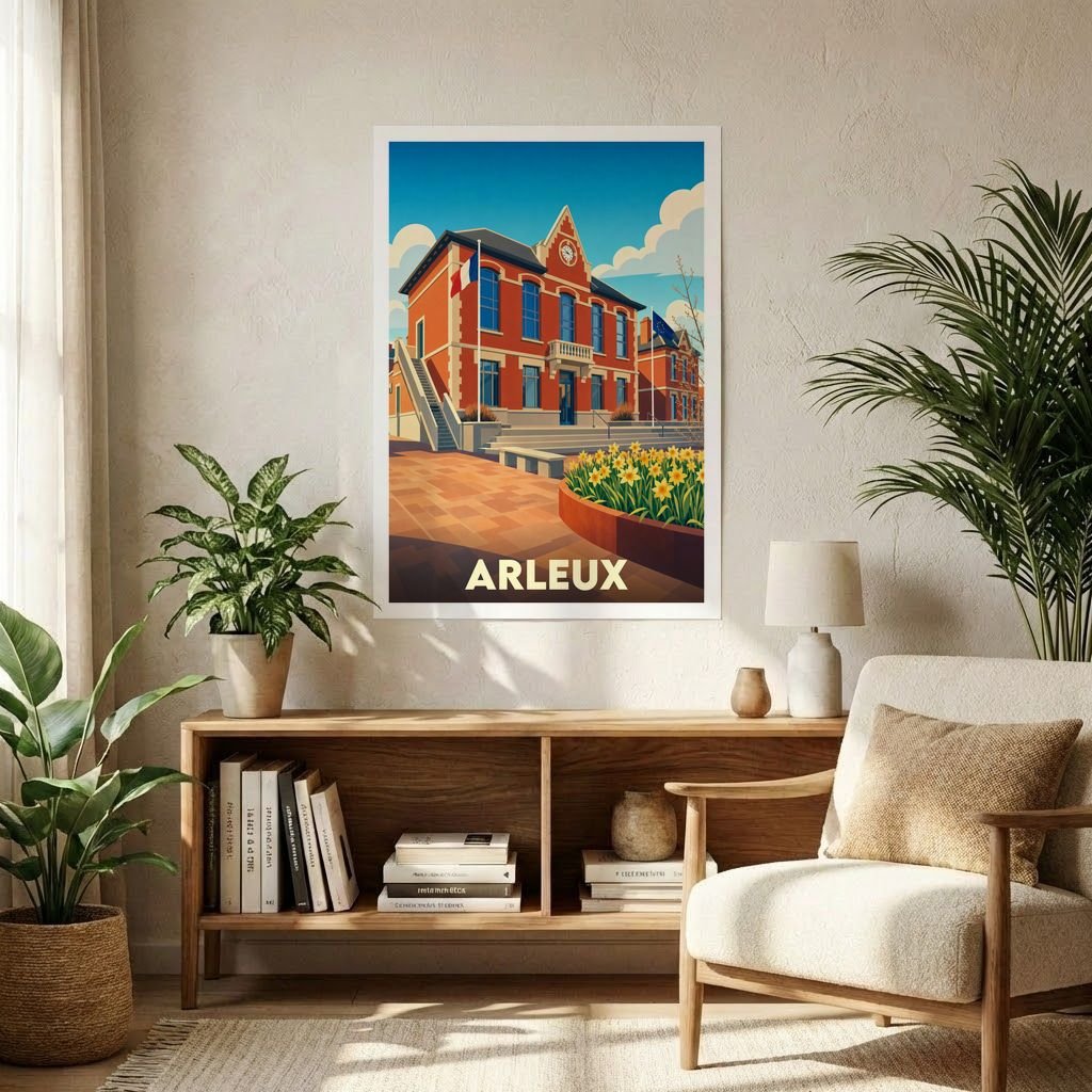 Affiche souvenir de la ville d'Arleux présentant une illustration stylisée de son hôtel de ville sous un ciel bleu.