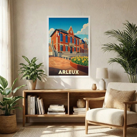 Affiche souvenir de la ville d'Arleux présentant une illustration stylisée de son hôtel de ville sous un ciel bleu.