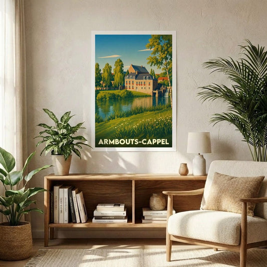 Affiche souvenir de la ville d'Armbouts-Cappel illustrant un paysage paisible avec un moulin au bord de l'eau.