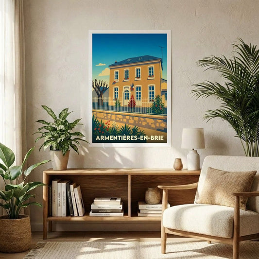 Affiche souvenir de la ville de Armentières-en-Brie avec une illustration stylisée de sa mairie.
