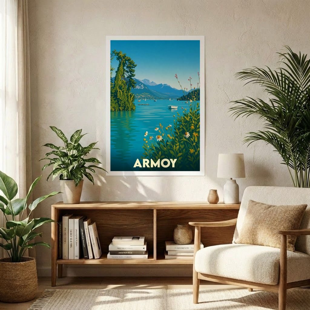 Affiche souvenir de la ville d'Armoy avec une illustration stylisée d'un paysage lacustre et montagneux.