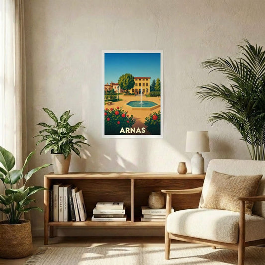 Affiche souvenir de la ville d'Arnas avec une illustration stylisée d'un parc ensoleillé et d'une fontaine.