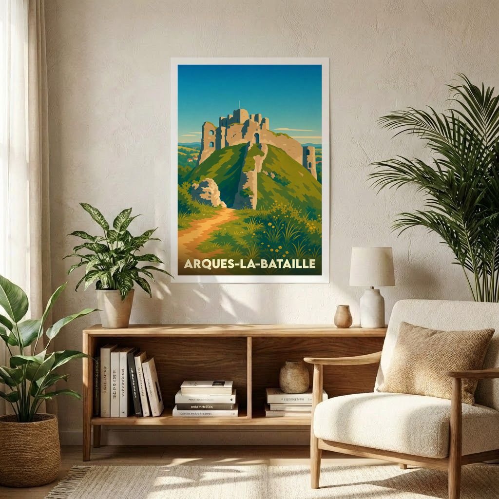 Affiche souvenir de la ville d'Arques-la-Bataille illustrant les ruines de son château médiéval dans un style rétro.