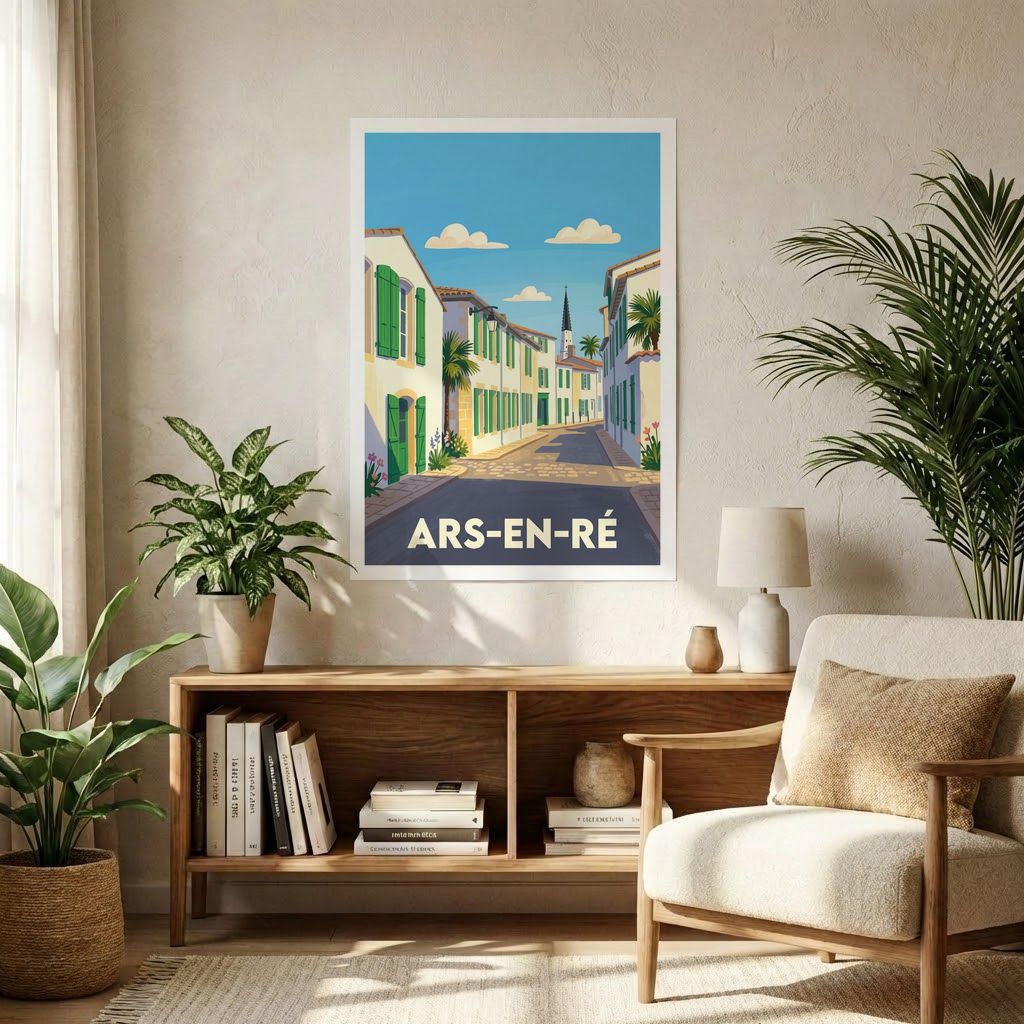 Affiche souvenir de la ville de Ars-en-Ré avec une illustration stylisée d'une ruelle ensoleillée.