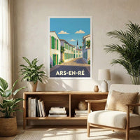 Affiche souvenir de la ville de Ars-en-Ré avec une illustration stylisée d'une ruelle ensoleillée.