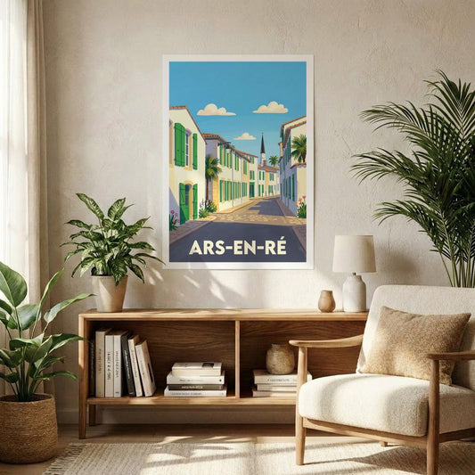 Affiche souvenir de la ville de Ars-en-Ré avec une illustration stylisée d'une ruelle ensoleillée.