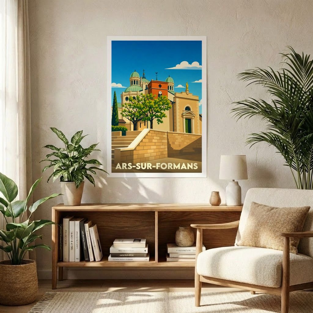 Affiche souvenir de la ville d'Ars-sur-Formans avec une illustration stylisée de sa basilique.