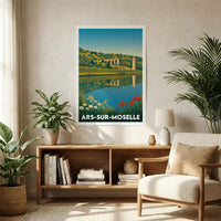 Affiche souvenir de la ville d'Ars-sur-Moselle avec une illustration stylisée de son célèbre aqueduc.