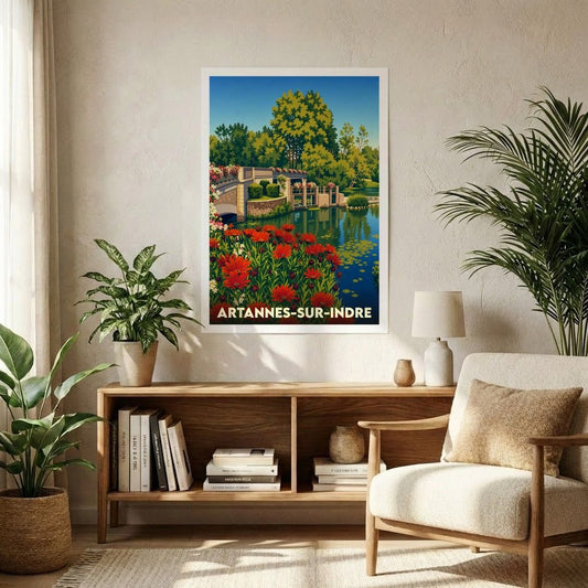Affiche souvenir de la ville de Artannes-sur-Indre avec une illustration colorée et stylisée d'un paysage fleuri au bord de l'eau.