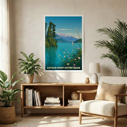Affiche souvenir de la ville de Arthaz-Pont-Notre-Dame avec une illustration stylisée de son lac et des montagnes.