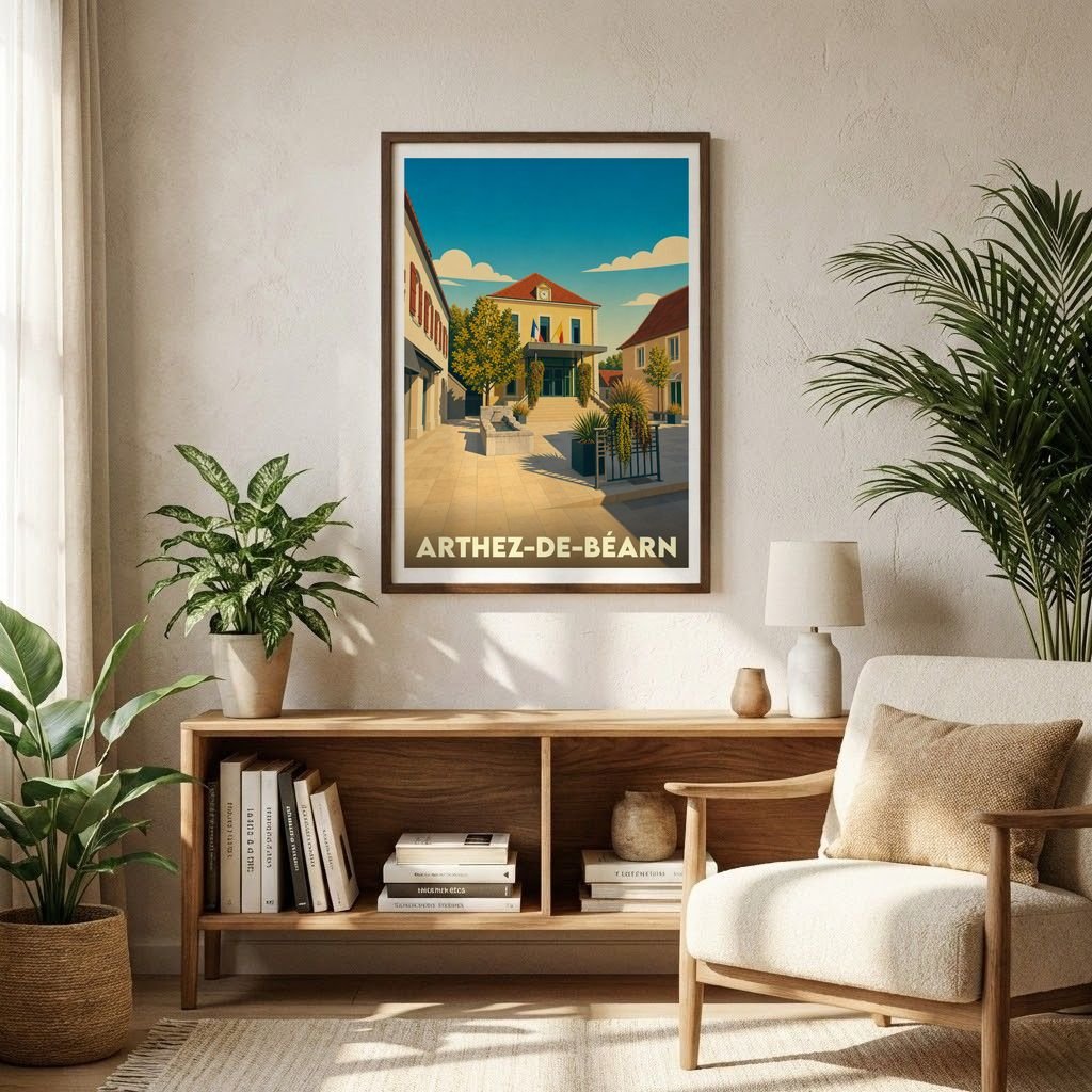 Affiche souvenir de la ville d'Arthez-de-Béarn avec une illustration stylisée de sa place centrale.