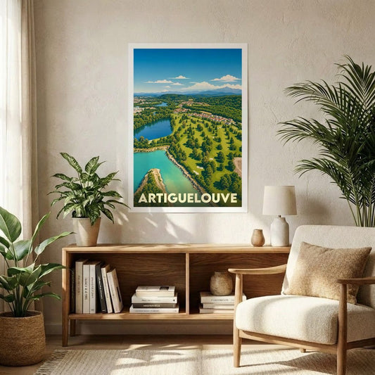 Affiche souvenir de la ville de Artiguelouve représentant un paysage illustré de golf et de lacs.