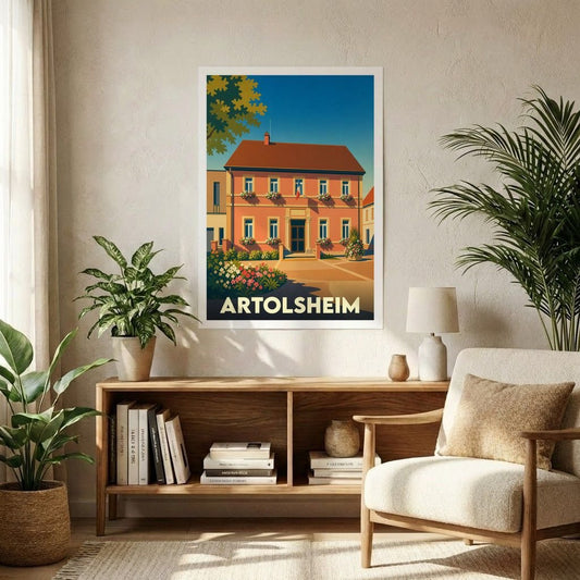Affiche souvenir de la ville d'Artolsheim avec une illustration stylisée d'un bâtiment traditionnel alsacien.