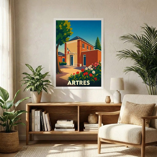 Affiche souvenir de la ville d'Artres avec une illustration stylisée et colorée de la mairie.