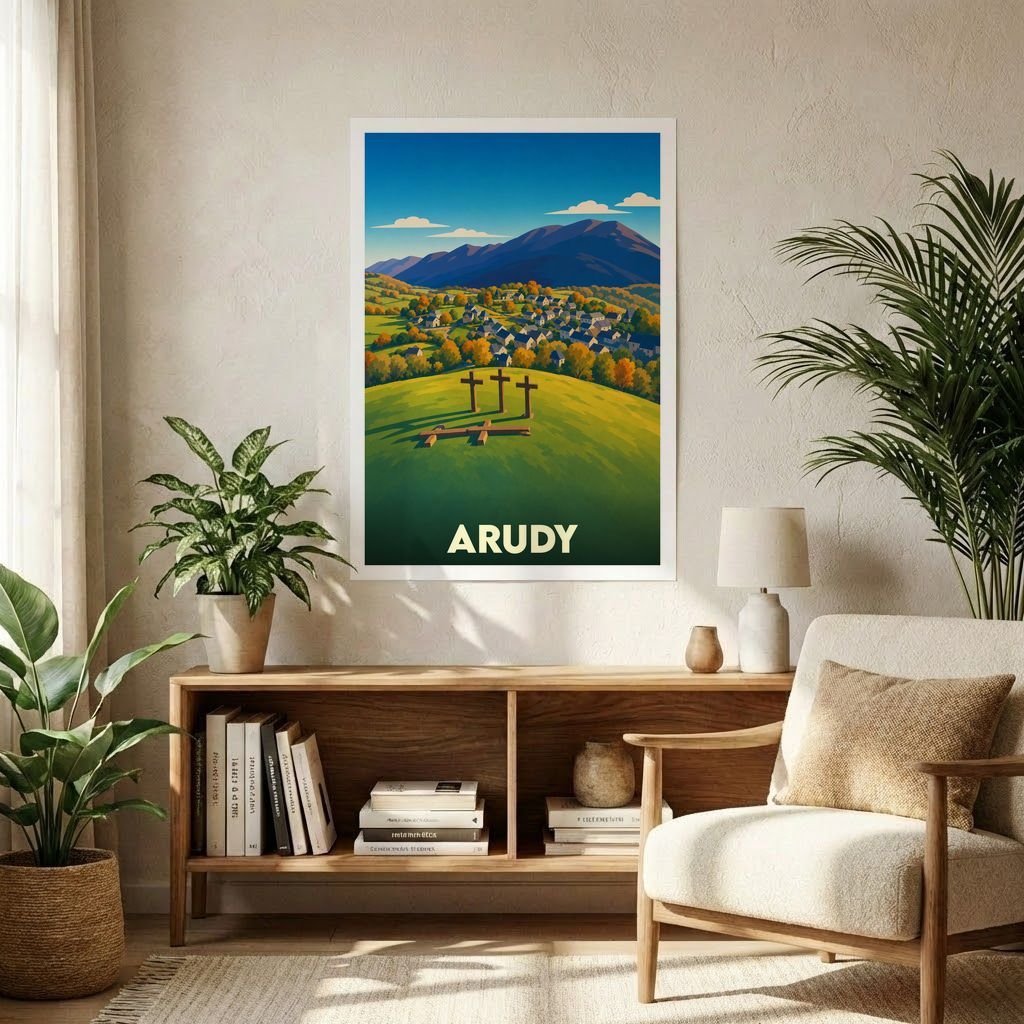 Affiche souvenir de la ville de Arudy avec une illustration stylisée de son paysage vallonné.
