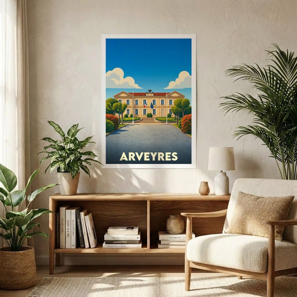 Affiche souvenir de la ville d'Arveyres avec une illustration stylisée de sa mairie.