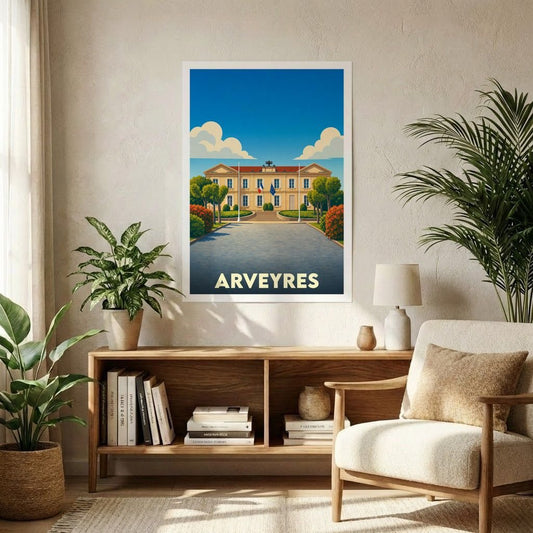 Affiche souvenir de la ville d'Arveyres avec une illustration stylisée de sa mairie.