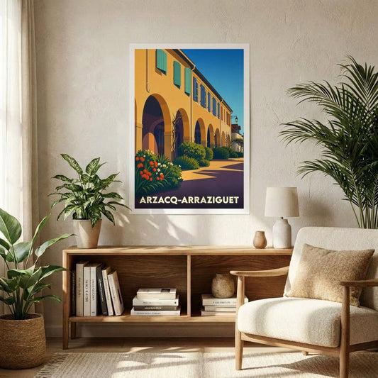 Affiche souvenir de la ville d'Arzacq-Arraziguet avec une illustration stylisée de ses arcades ensoleillées.
