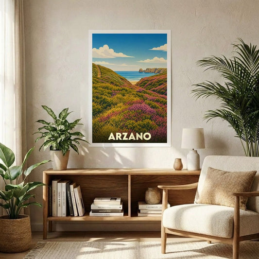 Affiche souvenir de la ville d'Arzano présentant une illustration stylisée d'un paysage côtier fleuri.