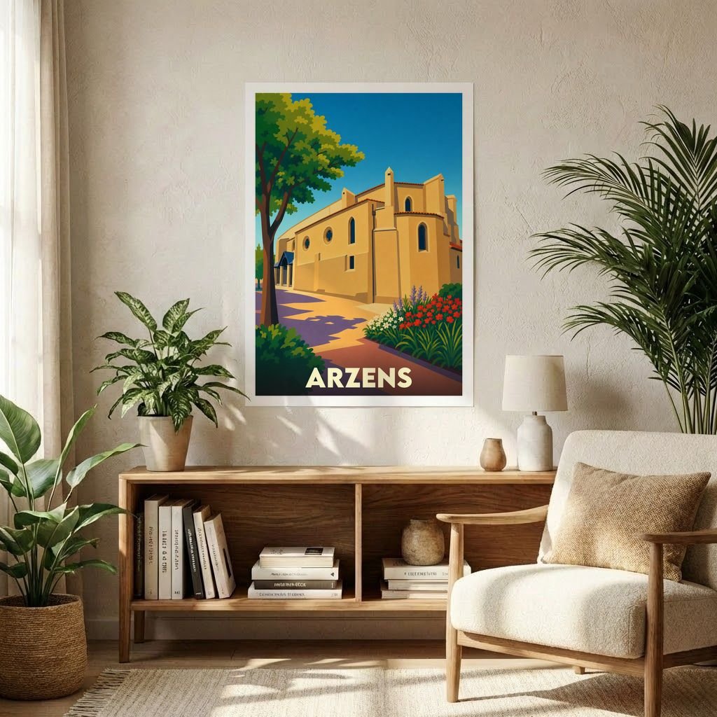 Affiche souvenir de la ville d'Arzens avec une illustration stylisée et colorée de son architecture.