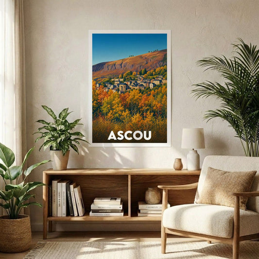 Affiche souvenir de la ville d'Ascou avec une illustration stylisée d'un paysage de montagne automnal.