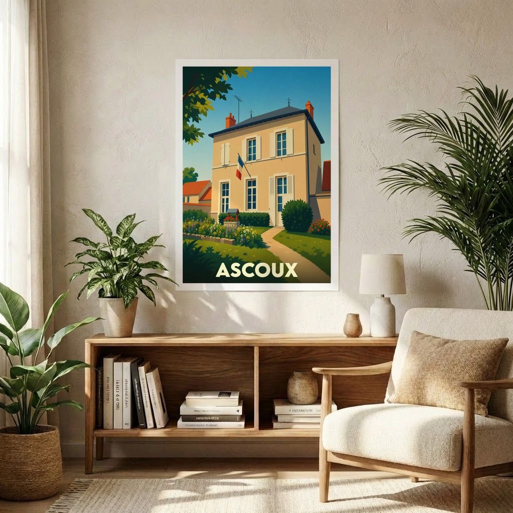 Affiche souvenir de la ville de Ascoux avec une illustration stylisée d'un bâtiment typique.