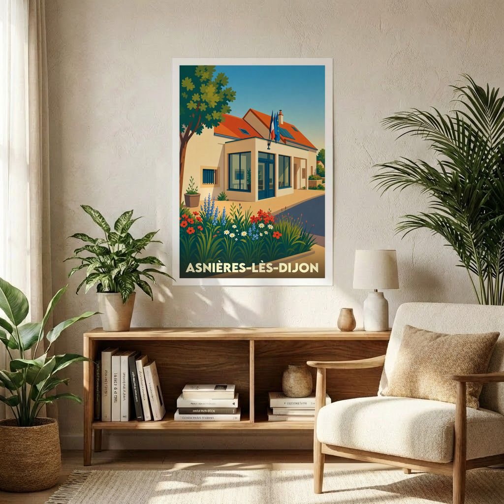 Affiche souvenir de la ville d'Asnières-lès-Dijon présentant une illustration stylisée de sa mairie fleurie.