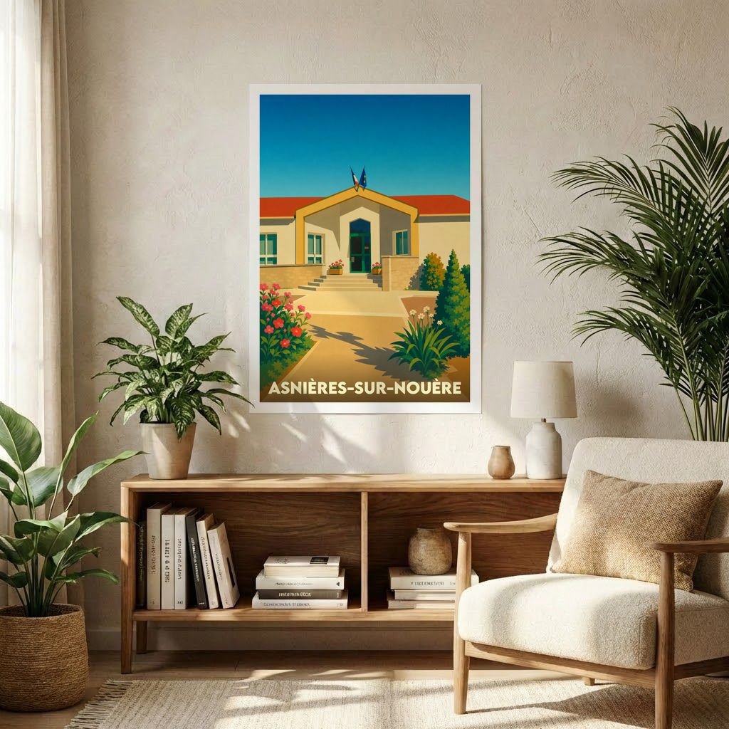 Affiche souvenir de la ville de Asnières-sur-Nouère avec une illustration stylisée de sa mairie.