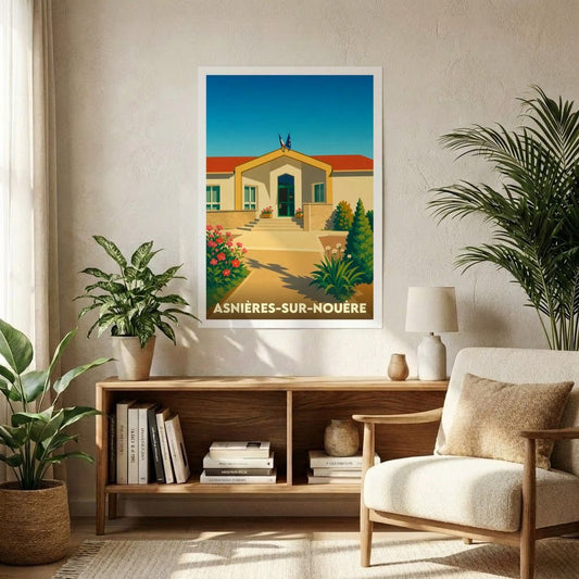 Affiche souvenir de la ville de Asnières-sur-Nouère avec une illustration stylisée de sa mairie.