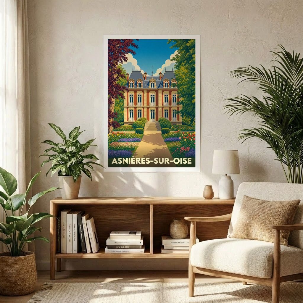 Affiche souvenir de la ville d'Asnières-sur-Oise avec une illustration stylisée d'un château et ses jardins.