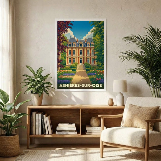 Affiche souvenir de la ville d'Asnières-sur-Oise avec une illustration stylisée d'un château et ses jardins.
