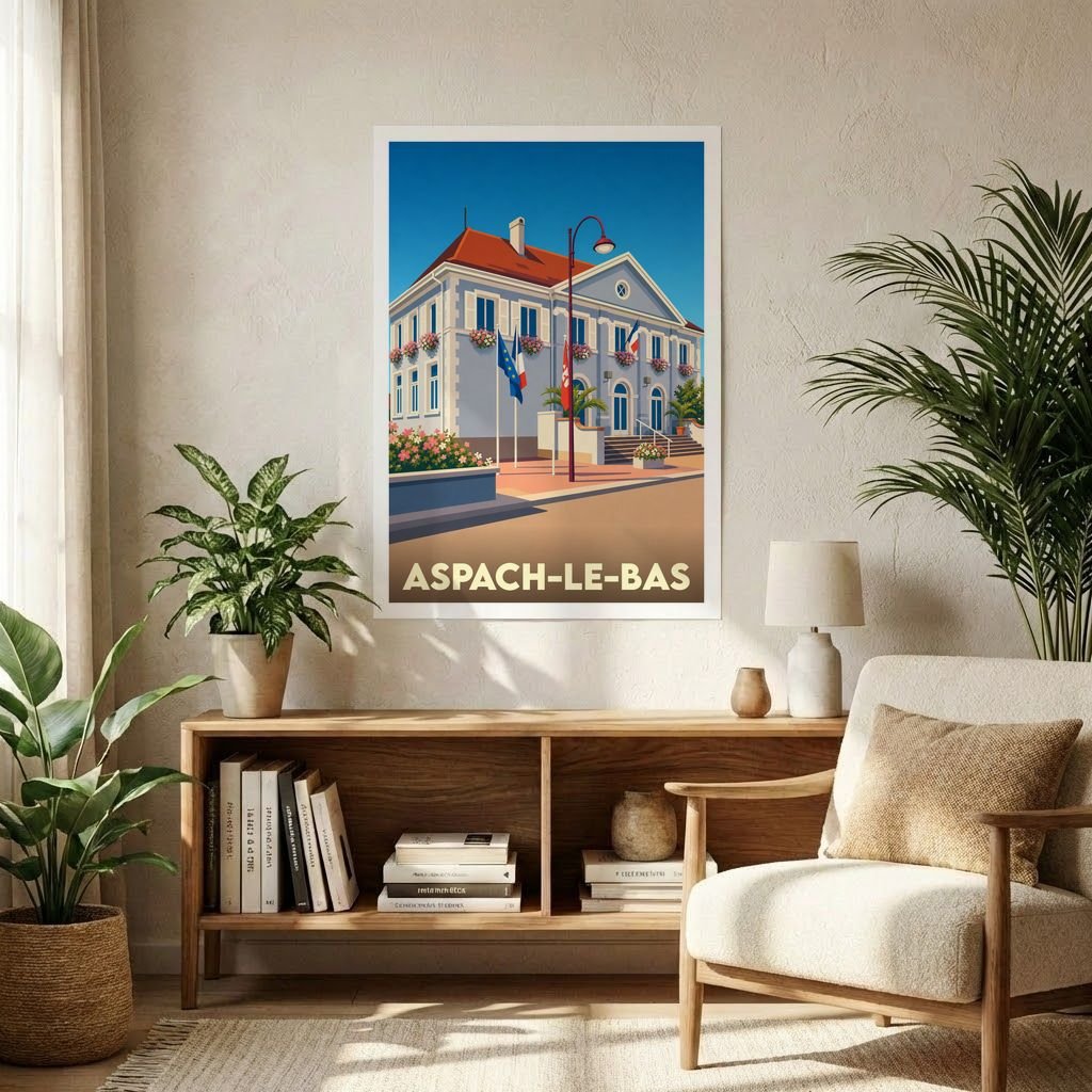 Affiche souvenir de la ville d'Aspach-le-Bas avec une illustration stylisée de sa mairie.