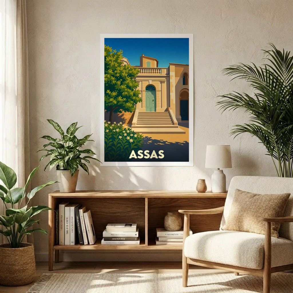Affiche souvenir de la ville de Assas représentant une illustration stylisée d'un bâtiment ensoleillé aux accents méditerranéens.