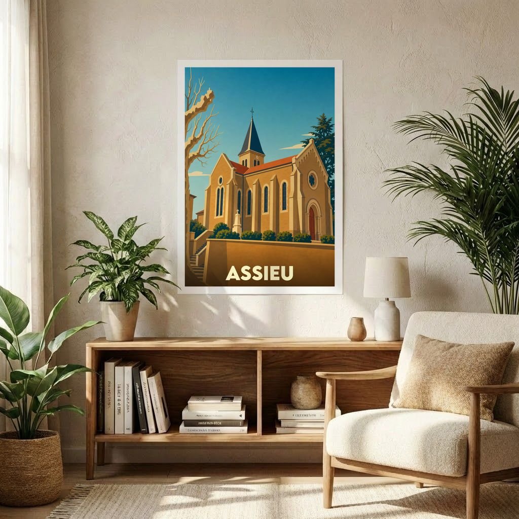 Affiche souvenir de la ville d'Assieu avec une illustration stylisée de son église.