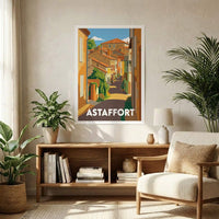 Affiche souvenir de la ville d'Astaffort avec une illustration stylisée d'une ruelle pittoresque ensoleillée.
