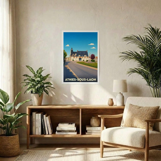 Affiche souvenir de la ville de Athies-sous-Laon avec une illustration stylisée d'un paysage urbain.