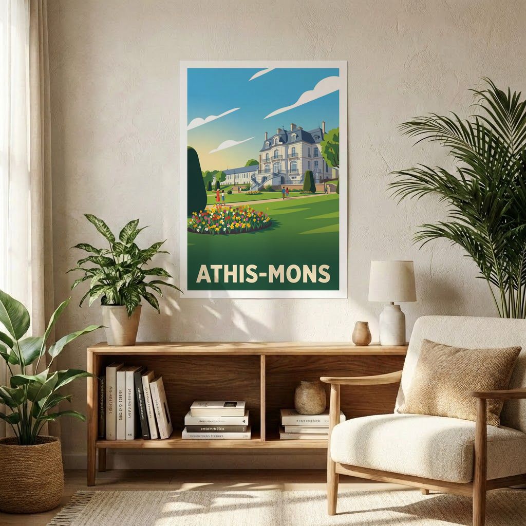Affiche souvenir de la ville d'Athis-Mons avec une illustration stylisée.