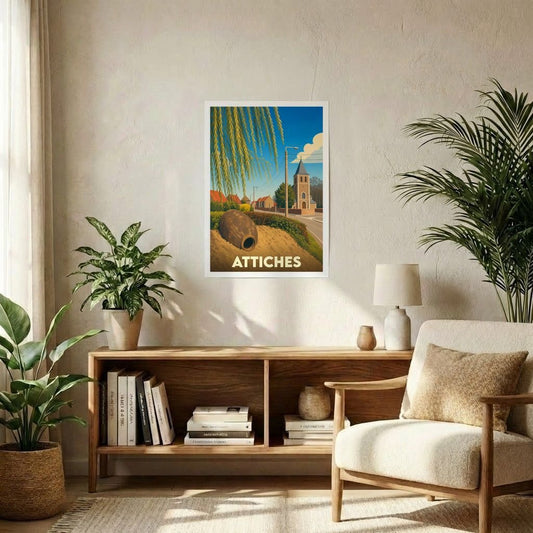 Affiche souvenir de la ville d'Attiches avec une illustration stylisée d'un paysage local.