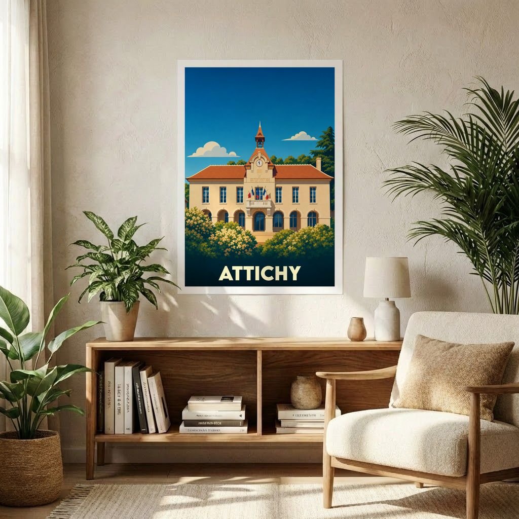 Affiche souvenir de la ville d'Attichy avec une illustration stylisée de son hôtel de ville.