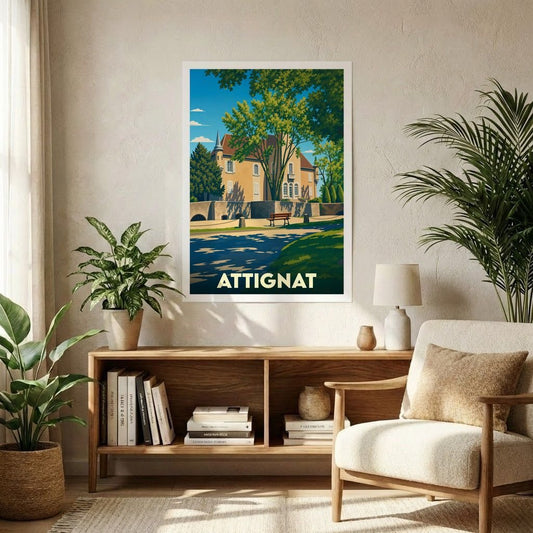 Affiche souvenir de la ville d'Attignat avec une illustration stylisée d'un bâtiment historique au bord de l'eau.