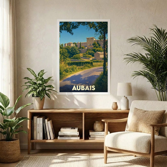 Affiche souvenir de la ville d'Aubais avec une illustration stylisée et colorée de ses paysages.