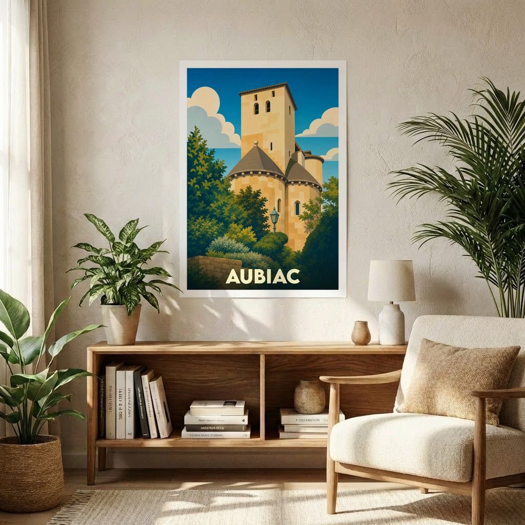 Affiche souvenir de la ville d'Aubiac avec une illustration stylisée d'une église romane entourée de végétation.