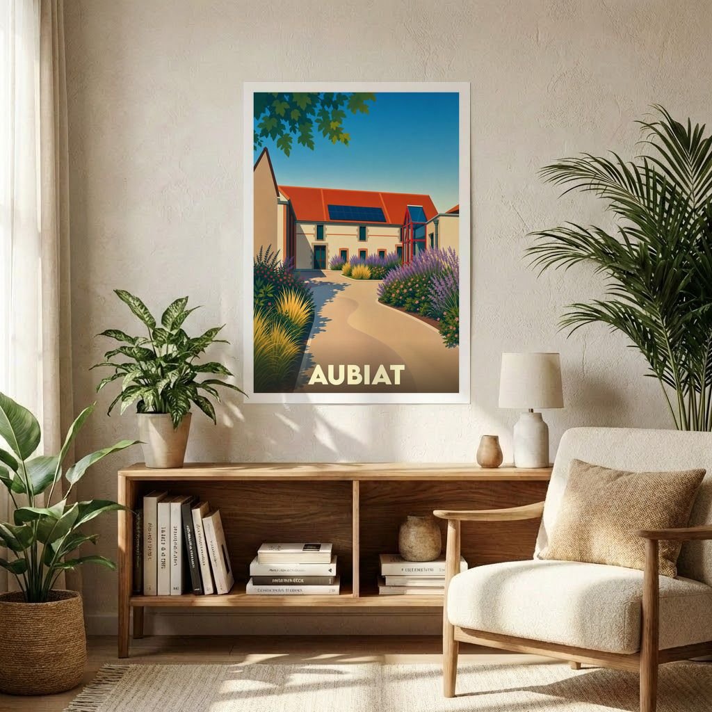 Affiche souvenir de la ville d'Aubiat avec une illustration stylisée d'un bâtiment provençal fleuri.
