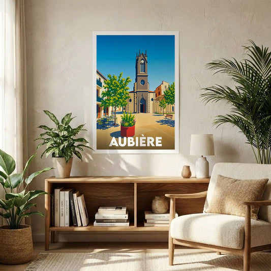Affiche souvenir de la ville de Aubière représentant une place ensoleillée avec son église dans un style graphique épuré.